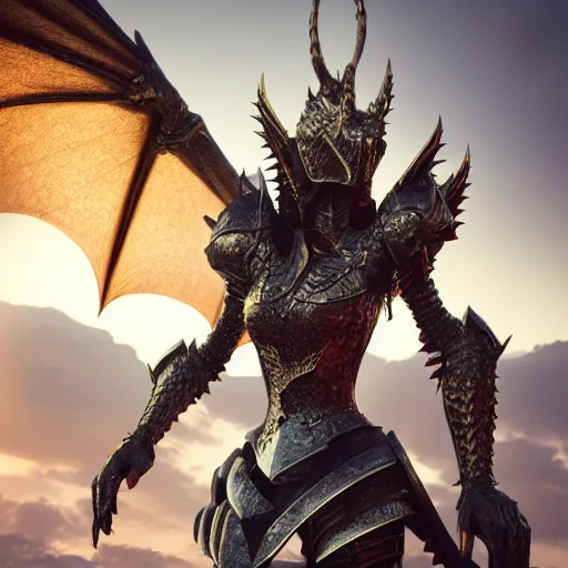 Image similar to highly detailed realistic stunning shot of a beautiful elegant anthropomorphic female dragon knight, doing a majestic pose, armor made of steel, sharp claws and tail, HD octane render, epic cinematography, Artstation, Deviantart, Furaffinity