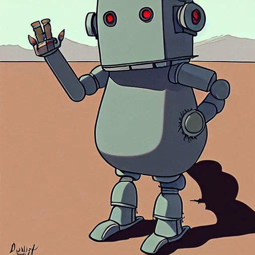 Image similar to a study of cell shaded cartoon of a grey robot mandrake from howl's moving castle ( 2 0 0 4 ) on a desert road, full body, wide shot, very muted colors, post grunge, studio ghibli, laurie greasley, highly detailed, deviantart, art by artgem