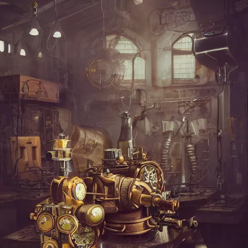 Prompt: beautiful amazing art of steampunk lab by Michelangelo Buonarrot, tom Haugomat, Serena Malyon, Maxim Shirkov, Alex Pogrebniak and Robin Gundersen, Trending on artstation, featured on Behance, Vision of chaos, octane render