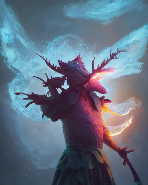 Image similar to oil painting of a Anthropomorphized Axolotl wizard casting epic spell, sharp focus, heroic pose, fantasy style, octane render, volumetric lighting, 8k high definition, by greg rutkowski, highly detailed, trending on art Station, magic the gathering artwork, centered