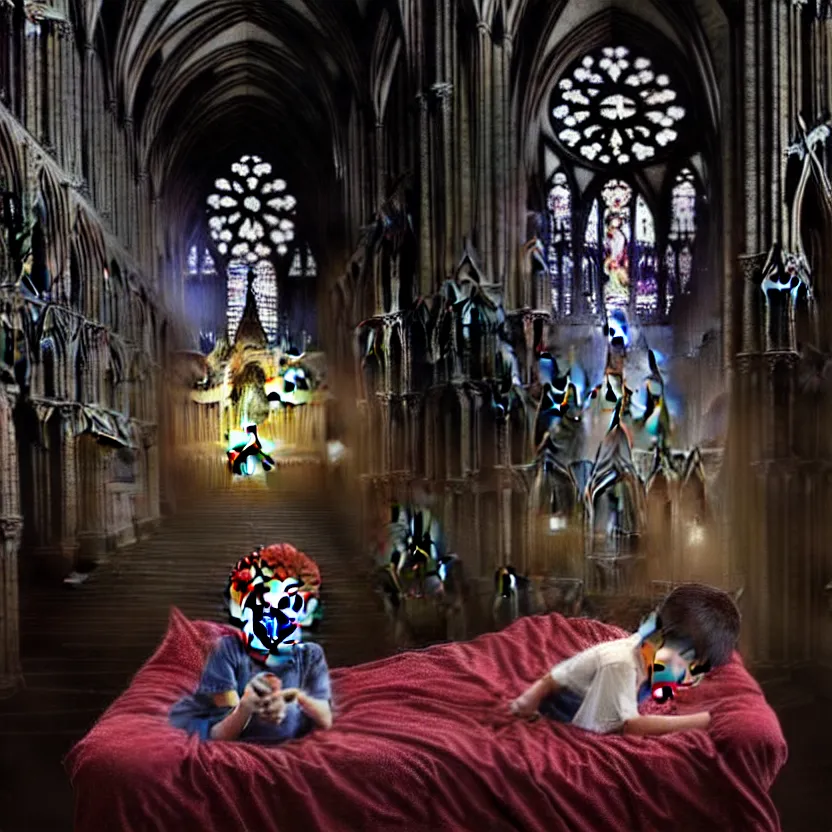 Image similar to a child sitting in his bed screaming, the bed is inside a gothic cathedral, under the bed is a hideous laughing demon dressed as a catholic priest, religious symbols, digital art, hyperrealistic nightmare, terrifying, supernatural, highly detailed, creepy