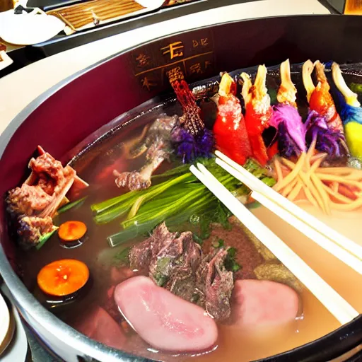 Prompt: high - end hot pot restaurant serving unicorn meat