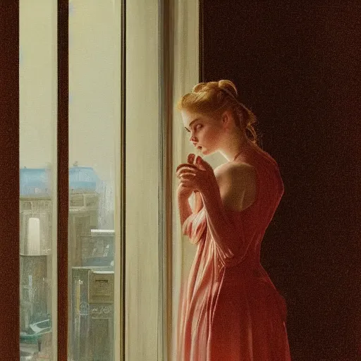 Image similar to silhouette of a Elle Fanning gazing out her hotel window at the rain, extremely detailed masterpiece, oil on canvas, low-key neon lighting, artstation, by J. C. Leyendecker and Peter Paul Rubens,