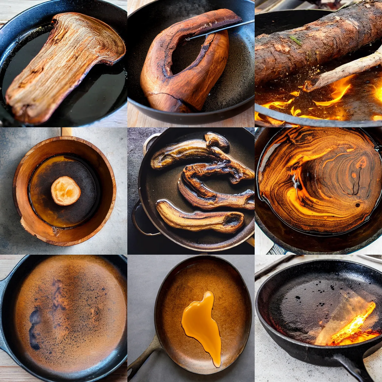 Prompt: An wooden log melting into liquid in a frying pan