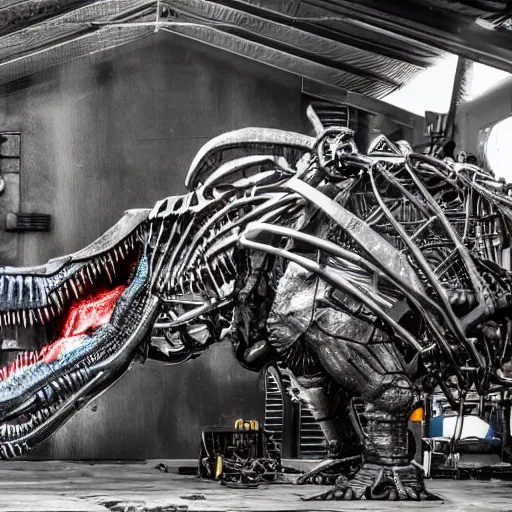 Prompt: mechanical battle T-Rex being constructed, welding sparks raining down, high contrast, HDR, photo, detailed, 4k