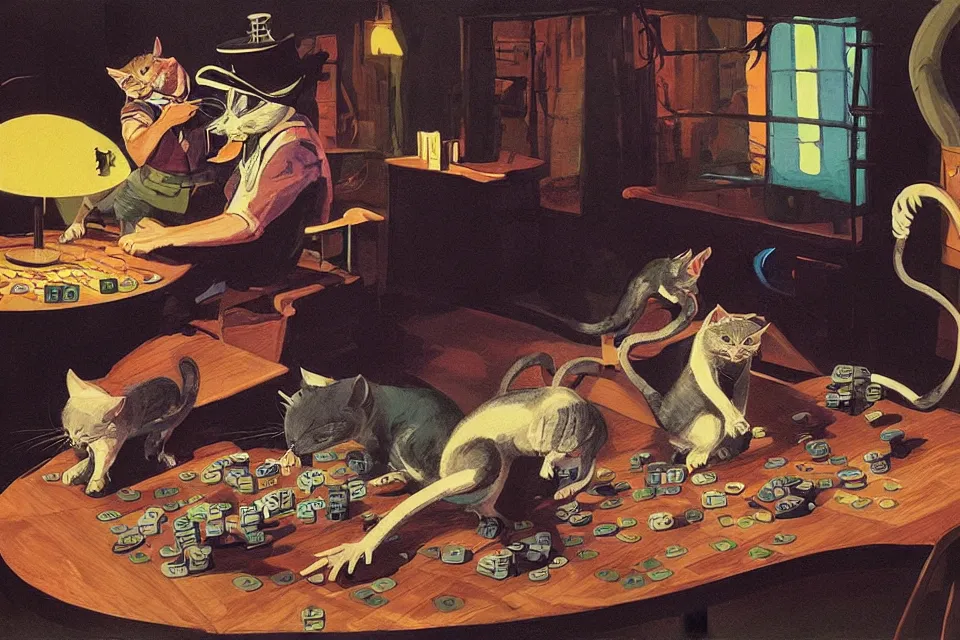 Image similar to 3 cats rolling dice with 3 rats, neon basement, by syd mead , john kricfalusi