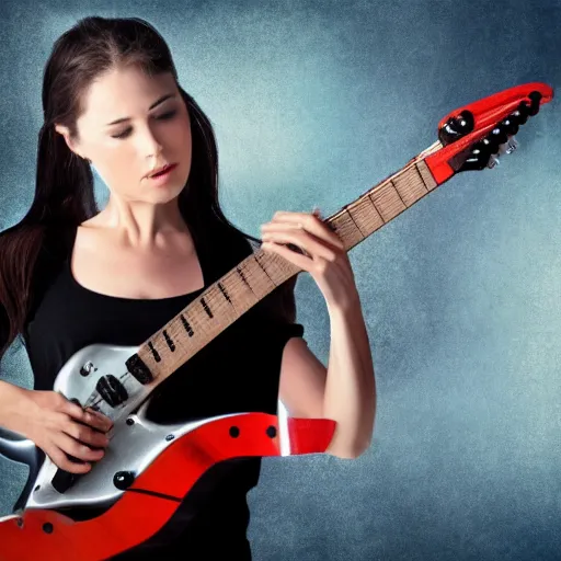 Prompt: sci - fi woman with guitar as a body