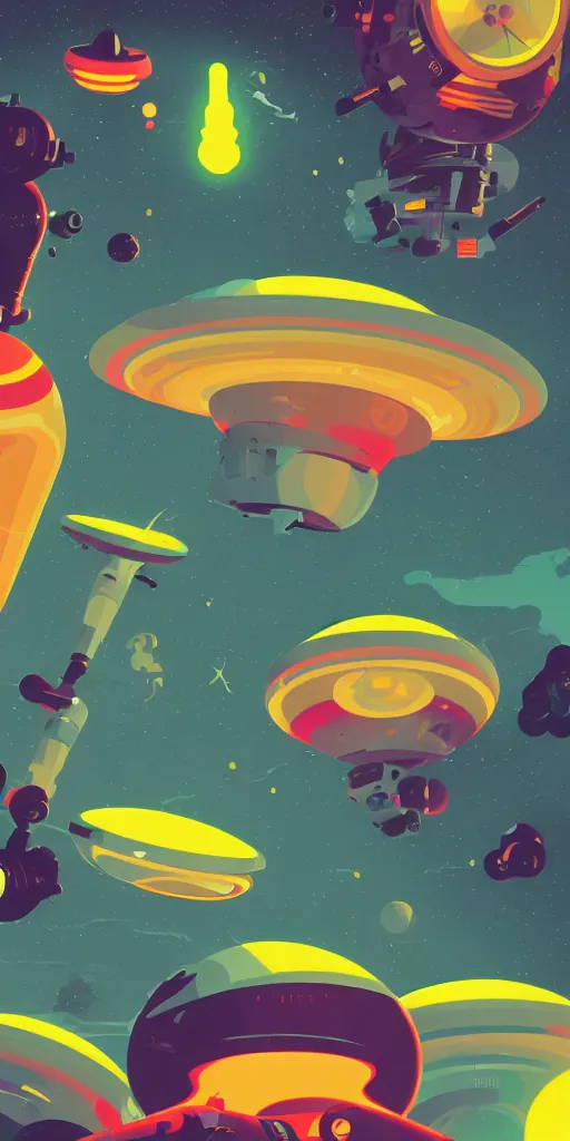 Prompt: cursed multicolored ufos in space, cool colors, tom whalen, james gilleard, liam brazier, tristan eaton