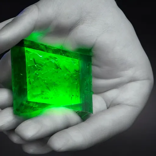 Prompt: a small glowing green shard of kryptonite held between the index finger and thumb of a black - gloved hand, black background