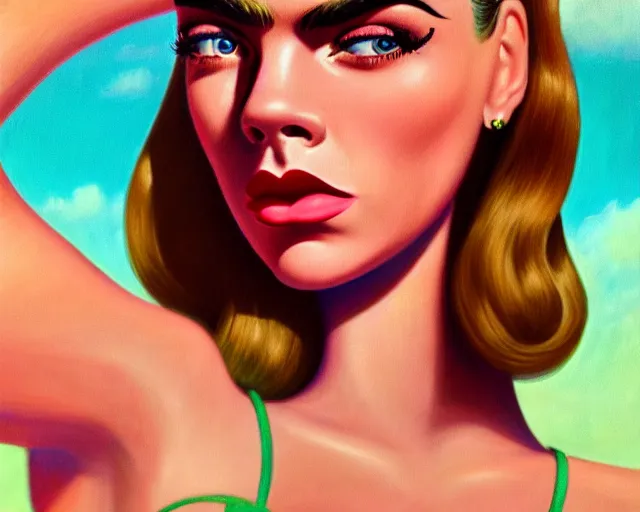 Image similar to closeup profile portrait of a 1 9 5 0 s cara delevigne wearing a bikini, mark ryden, lostfish, max fleischer, hyper realistic, artstation, illustration, digital paint, matte paint, vivid colors, bright, cheerful, detailed and intricate environment