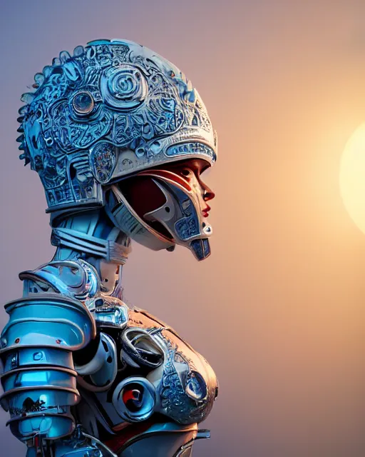 Prompt: centered medium shot fine studio photograph of a young woman wearing only a white solarpunk mecha Mayan helmet with bright lights, ultra-realistic, white background, 8k HDR sunset lit, intricate