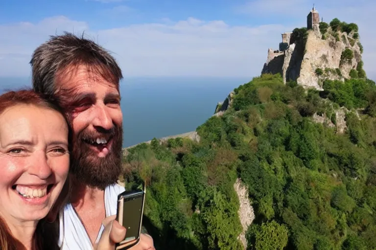 Image similar to selfie from a mobile phone of happy jesus and happy mary magdalene standing on a cliff looking over a beautiful landscape in france, in love, rennes - le - chateau, award winning photo, wide angle lens, very detailed, photorealistic