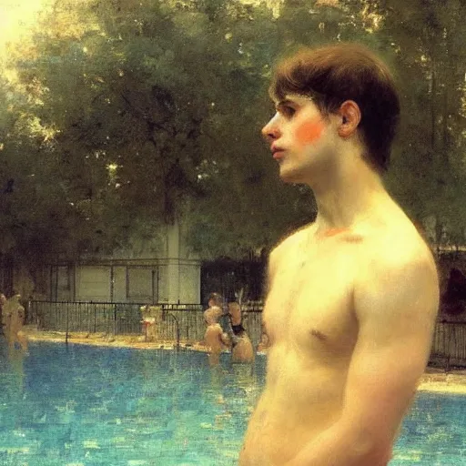Image similar to a lean young brown haired man in a swimsuit at a water park. By Ilya Repin and Ruan Jia. Masterpiece