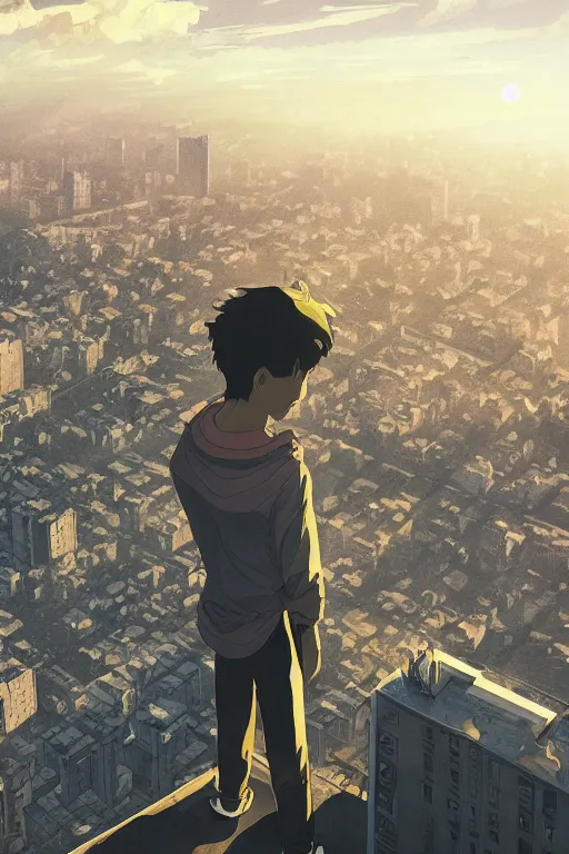 Prompt: depressed boy in black adidas sportswear looking atop of a urban plateau filled with ultra detailed soviet apartment buildings and suburbs, golden hour, dreamy, serenity, beautiful clouds, ultra detailed beautiful lighting, birds, light rays, wallpaper, suburbs, beautiful artwork by Makoto Shinkai