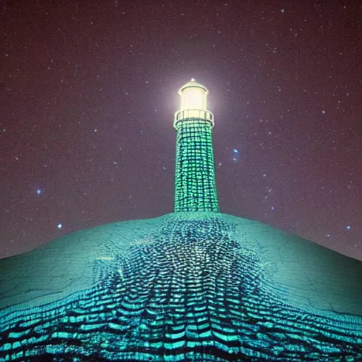 Image similar to a photo of an alien lighthouse covered in scales, lit by an eerie background glow