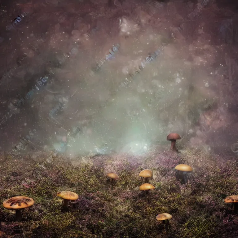 Image similar to a planet of various fungus, mushrooms and plants, inside the picture is infinity, Atmospheric phenomenon, artistic photography, muted colors, conceptual, long exposure outside the city, volumetric light