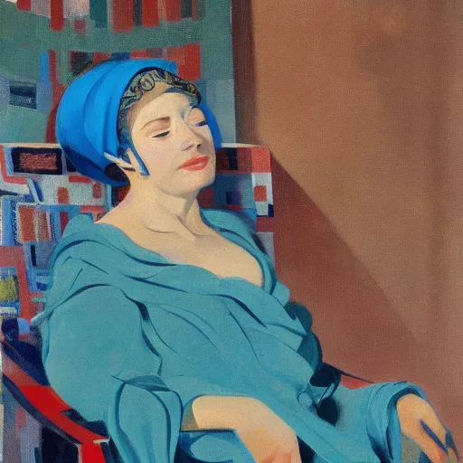 Image similar to A beautiful computer art of a lady with a blue scarf on her head, sitting in a chair with her eyes closed. by Giacomo Balla, by Hans Thoma