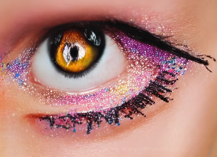 Image similar to high - end cosmetic photography of close up of eyes with sprinkles mascara