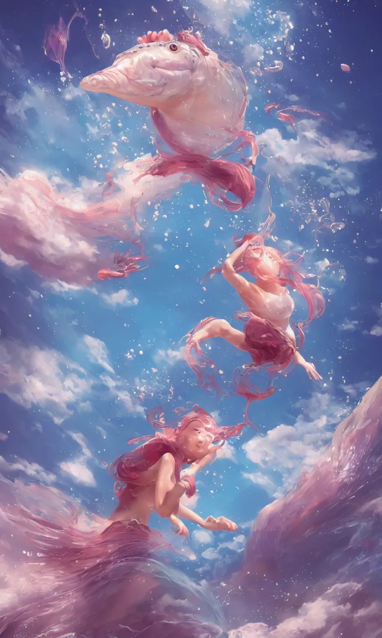 Prompt: a mix between a woman and a fish, diving in the air rounded by jelly clouds made by Stanley Artgerm Lau, WLOP, Rossdraws, ArtStation, CGSociety, concept art, cgsociety, octane render, trending on artstation, artstationHD, artstationHQ, unreal engine, 4k, 8k,