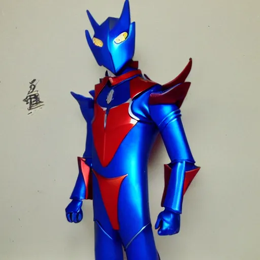 Prompt: High Fantasy Kamen Rider, blue armor with red secondary color, 4k, glowing eyes, daytime, rubber suit, dragon inspired armor, Guyver Unit 1 Armor