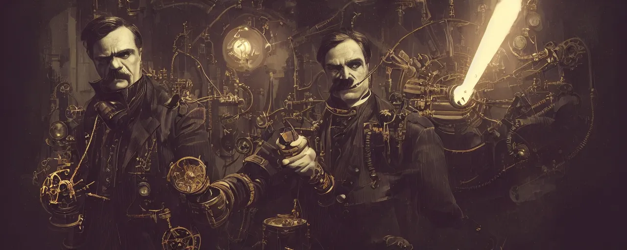 Image similar to duotone dark concept illustration 3 / 4 portrait of friedrich nietzsche as steampunk cyborg with dynamite in his hand. highly detailed mechanism cinematic lighting. fibonacci golden ratio accidental renaissance. by sachin teng and sergey kolesov and ruan jia and heng z. graffiti art, scifi, fantasy, hyper detailed. octane render. concept art. trending on artstation