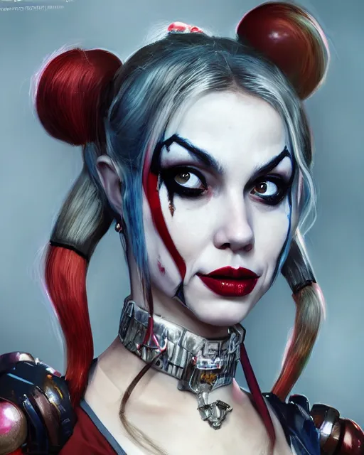 Image similar to harley quinn spider queen portrait, au naturel, hyper detailed, digital art, trending in artstation, cinematic lighting, studio quality, smooth render, unreal engine 5 rendered, octane rendered, art style by klimt and nixeu and ian sprigger and wlop and krenz cushart.