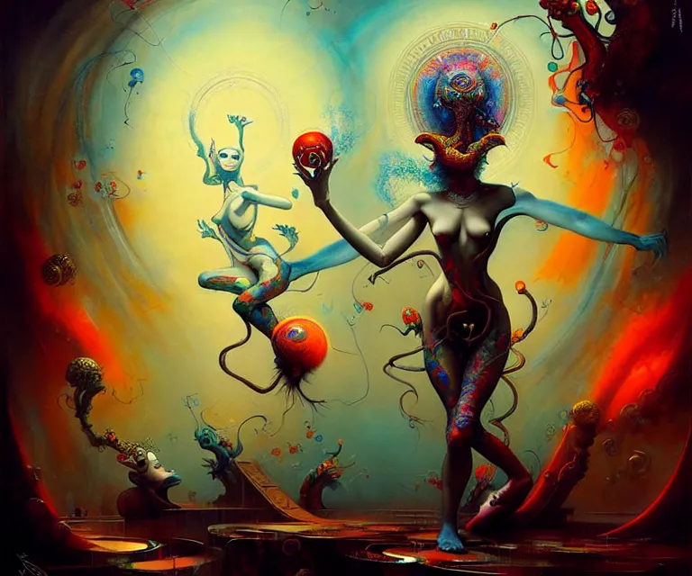 Image similar to confined in a temple, concept art, by basil gogos jackson pollock, tom bagshaw, psychedelic art. surrealist painting, by peter mohrbacher anato finnstark