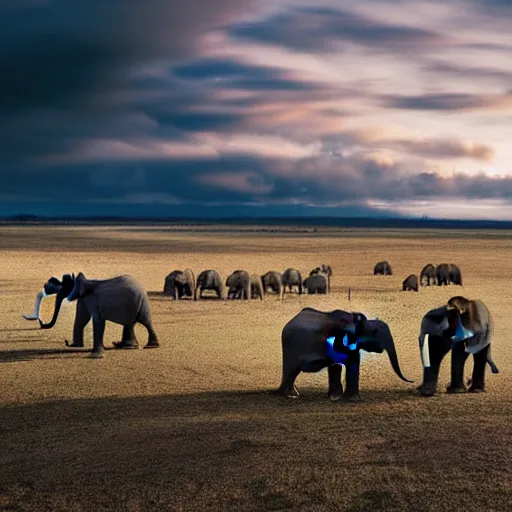 Prompt: an elephant herd in a vast plain, cinematic lighting, national geographic photography, masterpiece, wide angle, canon eos r 3, f / 1. 4, iso 2 0 0, 1 / 1 6 0 s, 8 k, raw, unedited, symmetrical balance