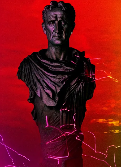 Image similar to statue of julius caesar looking angry, beeple, vaporwave, retrowave, black background, neon, black, glitch, strong contrast, neon wiring, cuts, pinterest, trending on artstation