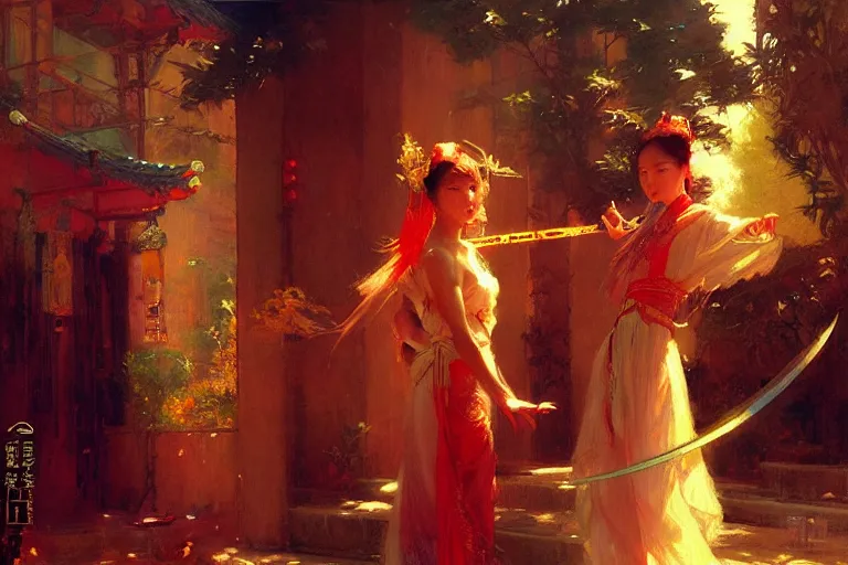 Image similar to wuxia, summer, neon light, painting by gaston bussiere, craig mullins, j. c. leyendecker