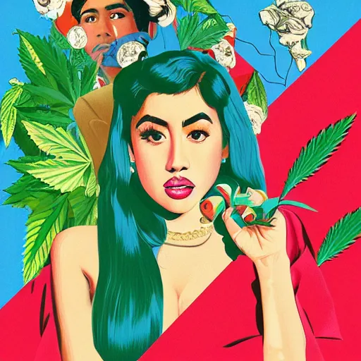 Prompt: 1 9 6 2 high times magazine kali uchis portrait painting : 5 marijuana, reefer, hard edges, green white and red, geometric shapes, fisheye lens, sexy, by sachin teng : 6