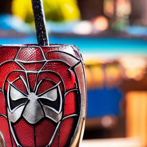 Image similar to a closeup photorealistic capture of glossy spider man style tiki mug at an outdoor trader vic's bar featuring the face of spider man. tiki theme. bright scene. fine detail. this 4 k hd image is trending on artstation, featured on behance, well - rendered, extra crisp, features intricate detail, epic composition and the style of unreal engine.