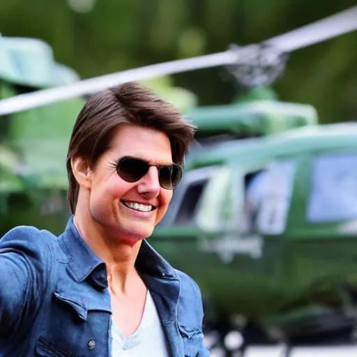 Image similar to Tom Cruise waving to fans. He's wearing bluejeans and a green jacket, Ralph Lauren. A helicopter is in the background. Shallow depth of field