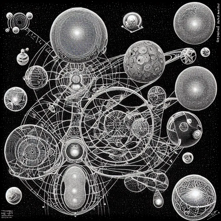 Image similar to ! dream a black and white drawing of a space station filled with equipment, a microscopic photo by ernst haeckel, zbrush central, kinetic pointillism, bioluminescence, intricate patterns, photoillustration