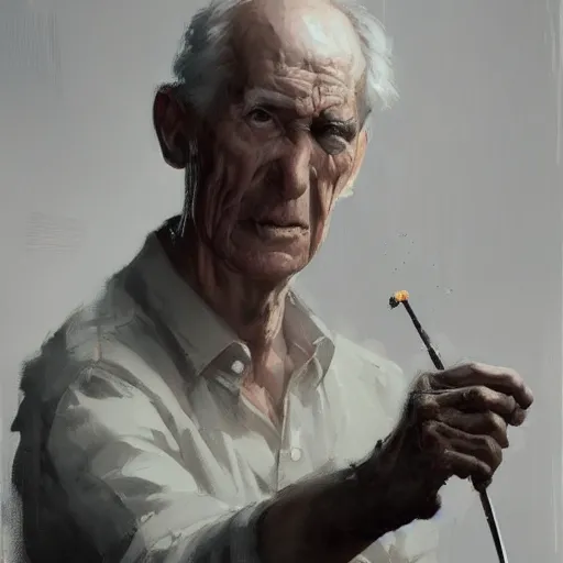 Image similar to old man portrait, he pulling pin is pulling pin of hand grenade,, greg rutkowski art