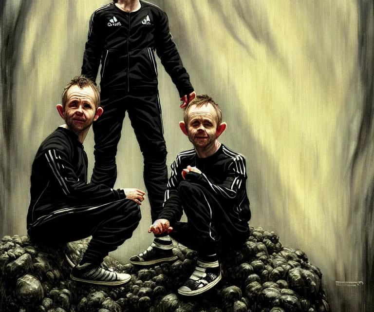 Image similar to a detailed portraite of dominic monaghan and billy boyd as hobbits squatting slavs in black adidas track suits with white stripes down the leg, caricature, highly detailed, digital painting, artstation, concept art, sharp focus, cinematic lighting, illustration, art by met mangindaan, artgerm and greg rutkowski, alphonse mucha, cgsociety