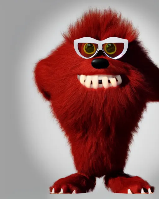 Prompt: 3 d render of completely red hairy friendly antropomorphic creature wearing chrome shades, without nose, full body, standing on 2 feet, in the style of pixar, white background, unreal engine 5, octane render, highly detailed hdr