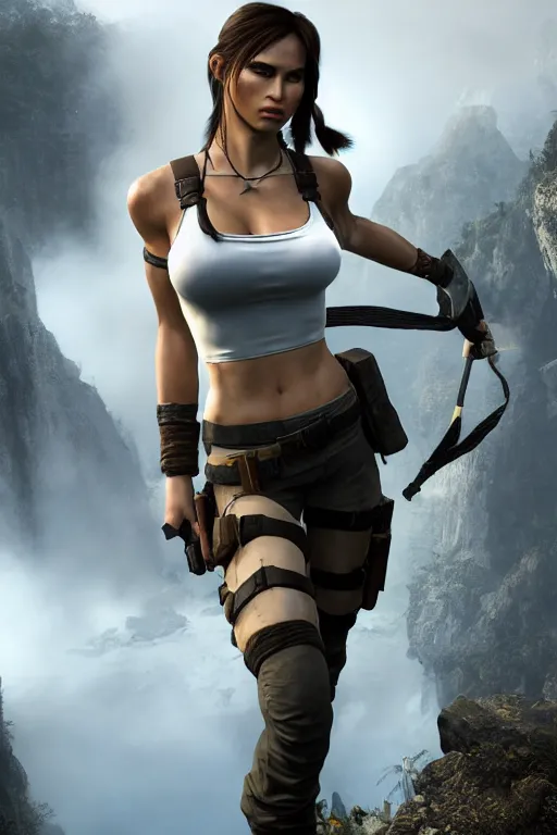 Image similar to Lara Croft as a DOA character, photorealism, full body, white ambient background, unreal engine 5, hyperrealistic, highly detailed, XF IQ4, 150MP, 50mm, F1.4, ISO 200, 1/160s, natural light, Adobe Lightroom, photolab, Affinity Photo, PhotoDirector 365, realistic