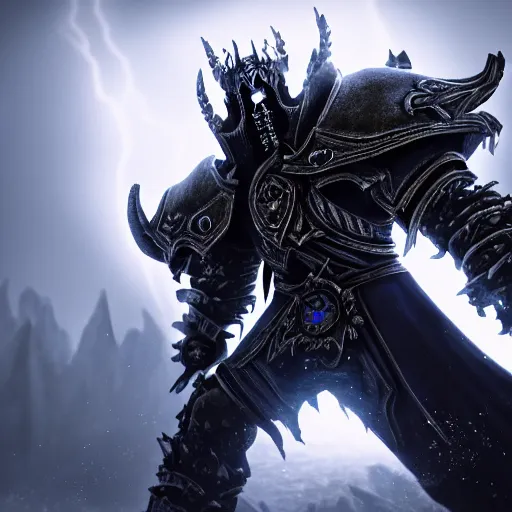 Image similar to the lich king from world of warcraft, cinematic lightning, medium shot, mid-shot, highly detailed, trending on Artstation, Unreal Engine 4k, cinematic wallpaper