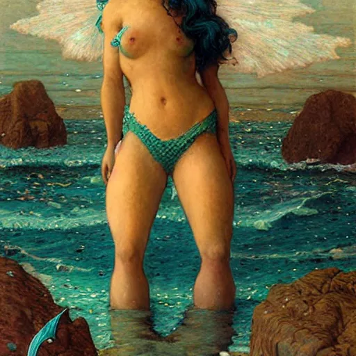 Image similar to jada fire as a beautiful mermaid emerging from the ocean, art by Edgar Maxence and Ross Tran and Michael Whelan