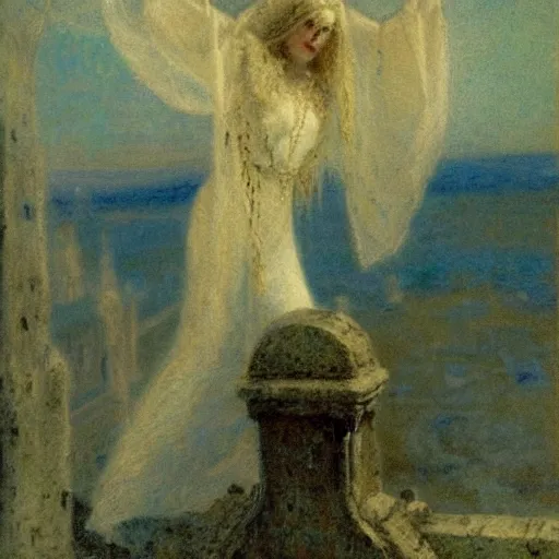 Prompt: translucent slender pale young ghost, haunted castle, gabriel boric, by gaston bussiere, by dean cornwell