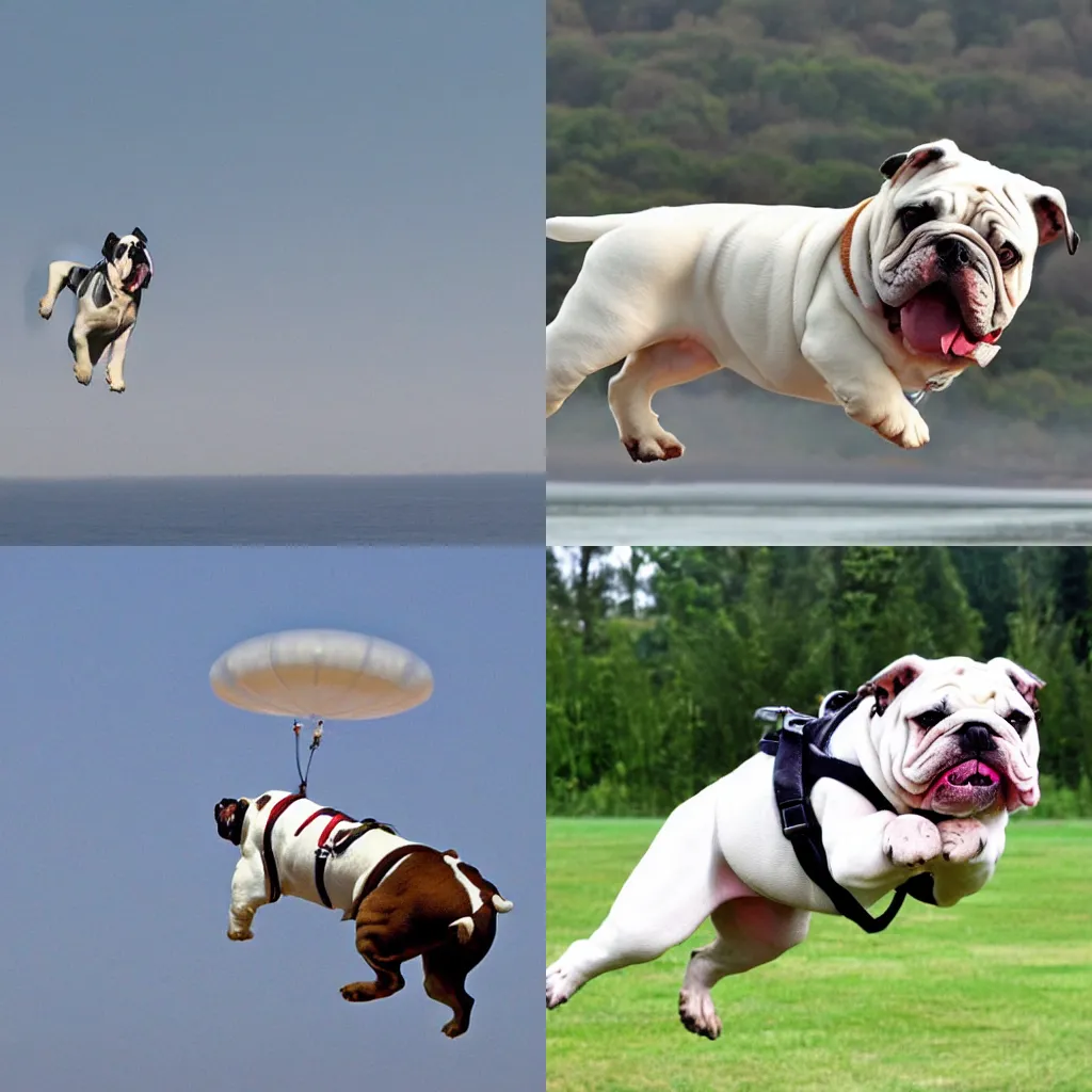 Prompt: an english bulldog flying with a jetpack