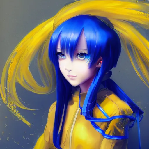Image similar to a portrait of anime ukrainian blue and yellow girl, concept art, trending on artstation, highly detailed, intricate, sharp focus, digital art, 8 k