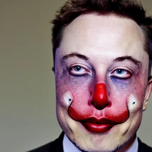 Image similar to Elon Musk with colorful clown makeup whiteface all over his face