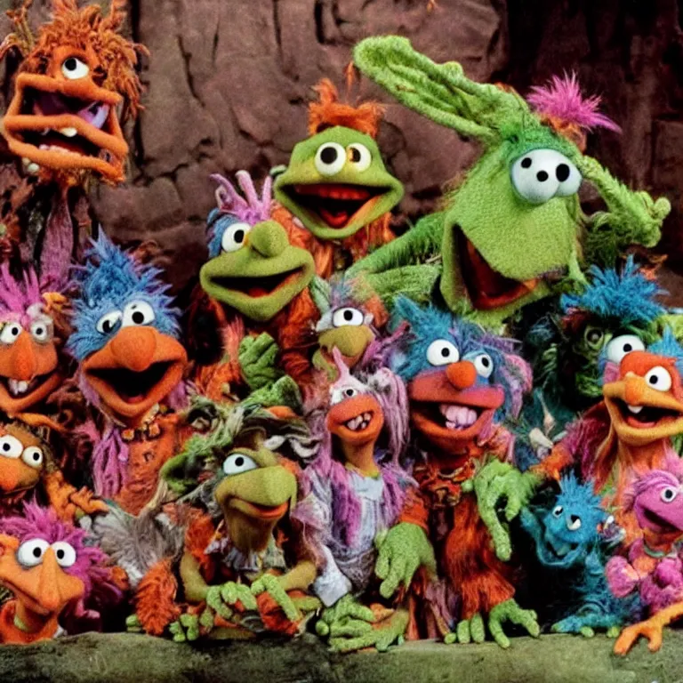 Prompt: fraggles discover an ancient evil city deep beneath fraggle rock, lovecraftian cosmic horror, 1 9 8 0 s, vhs, still frame