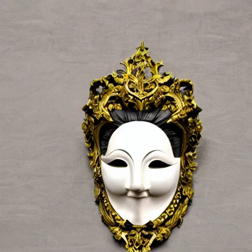 Prompt: surreal ornate Anonymous mask elegant for opera sitting on desk pastoral colors