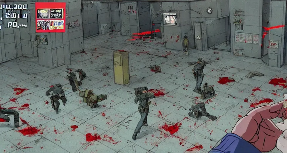 Prompt: 1993 Video Game screenshot for Akira style Anime Neo-tokyo Cyborg bank robbers vs police, Set inside of the Bank, Open Bank Vault, Multiplayer set-piece Ambush, Tactical Squads :10, Police officers under heavy fire, Destructible Enviorments, Gunshots, Bullet Holes and Anime Blood Splatter, :10 Gas Grenades, Riot Shields, MP5, AK45, MP7, P90, Chaos, Anime Machine Gun Fire, Gunplay, Shootout, :14 80s anime style, FLCL + LA Machineguns :10, Created by Katsuhiro Otomo + Studio Gainax: 20