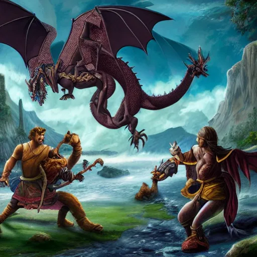 Prompt: a group on adventures fighting a mighty dragon, by Keith Parkinson