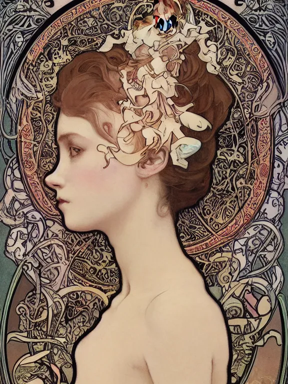 Image similar to an art nouveau mucha poster portrait oil painting of a pretty, young, moon princess surrounded by thousands of spiraling white ribbons, intricate, detailed, smooth, complex, elaborate, by bartosz kosowski and af / vf