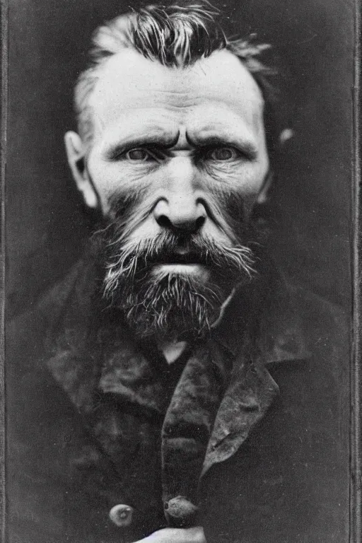 Prompt: a 1 8 9 0 dark, monochrome, glass negative, silver gelatine realistic, supersharp, supersharp, realistic, photographic daguerreotype portrait of vincent van gogh with closed eyes, shallow depth of field